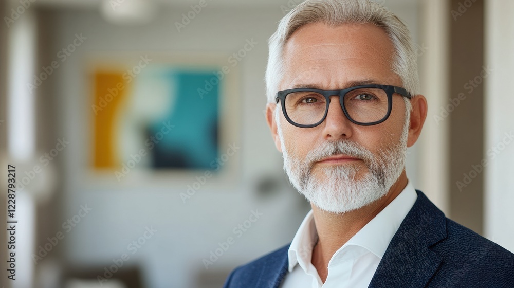 A confident mature man with glasses posing in a modern office environment. A confident mature man with glasses posing in a modern office environment.