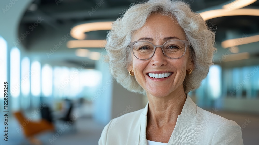 Fototapeta premium A confident older woman smiling in a modern office environment.