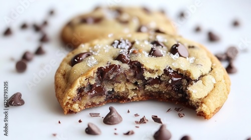 A close-up shot of an iconic chocolate chip cookie, with one bite taken out and pieces scattered around it on the white surface, isolate on white background