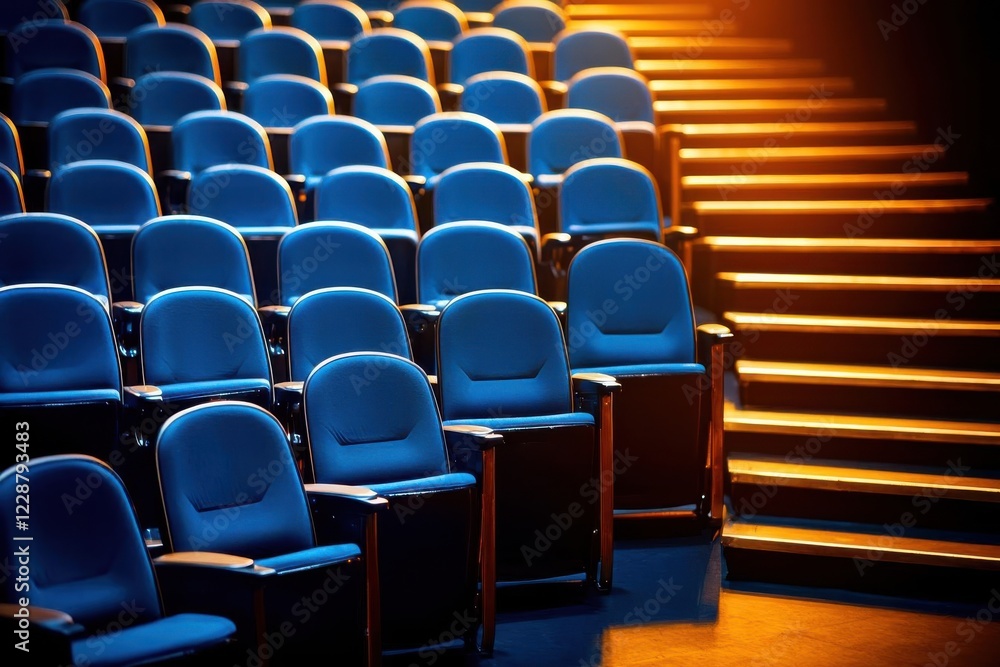 Fototapeta premium Row of blue theater seats illuminated by warm stage light.