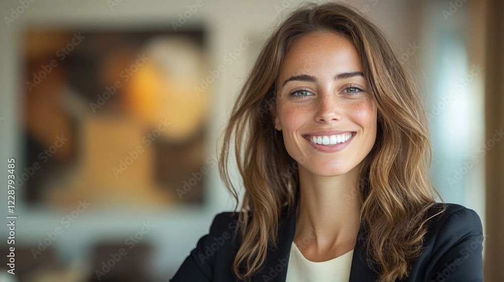 A confident woman smiling in an elegant office setting, exuding positivity and professionalism. A confident woman smiling in an elegant office setting, exuding positivity and professionalism.