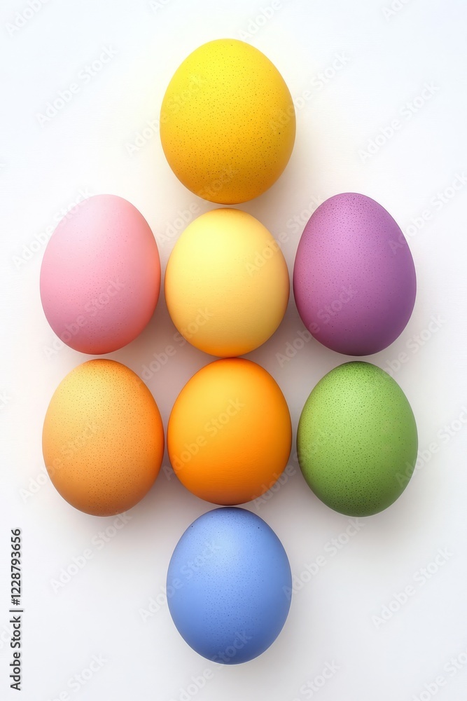A set of vibrant, multicolored eggs neatly arranged in rows on a clean white marble surface. Concept of festive Easter decoration A set of vibrant, multicolored eggs neatly arranged in rows on a clean white marble surface. Concept of festive Easter decoration