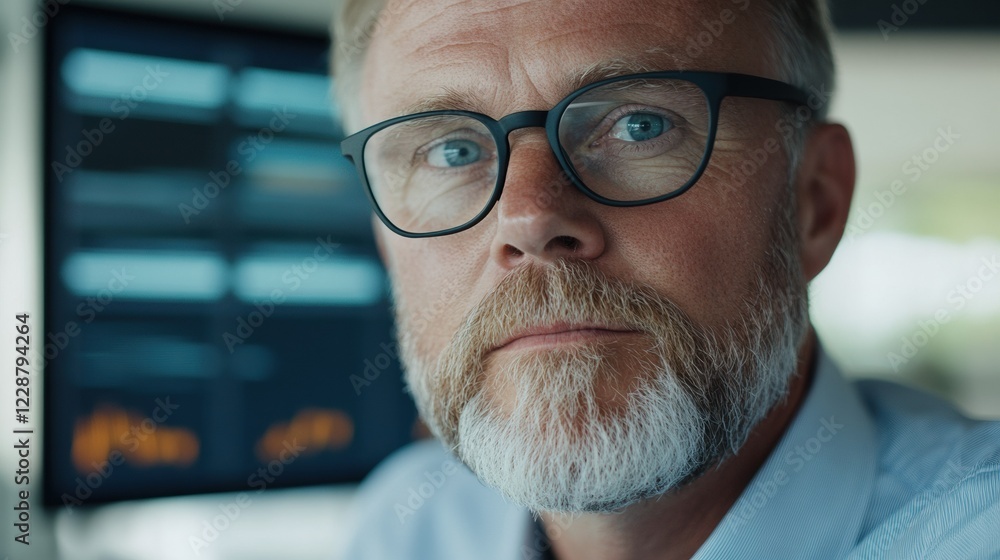 A focused professional man with glasses working in a modern office environment. A focused professional man with glasses working in a modern office environment.