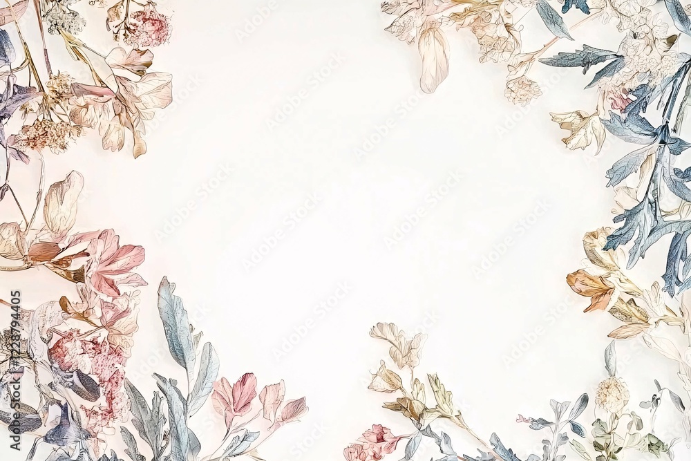 Obraz premium Elegant ornamental floral frame with intricate botanical designs in soft pastel hues, ideal for invitations, greeting cards, or decorative art.