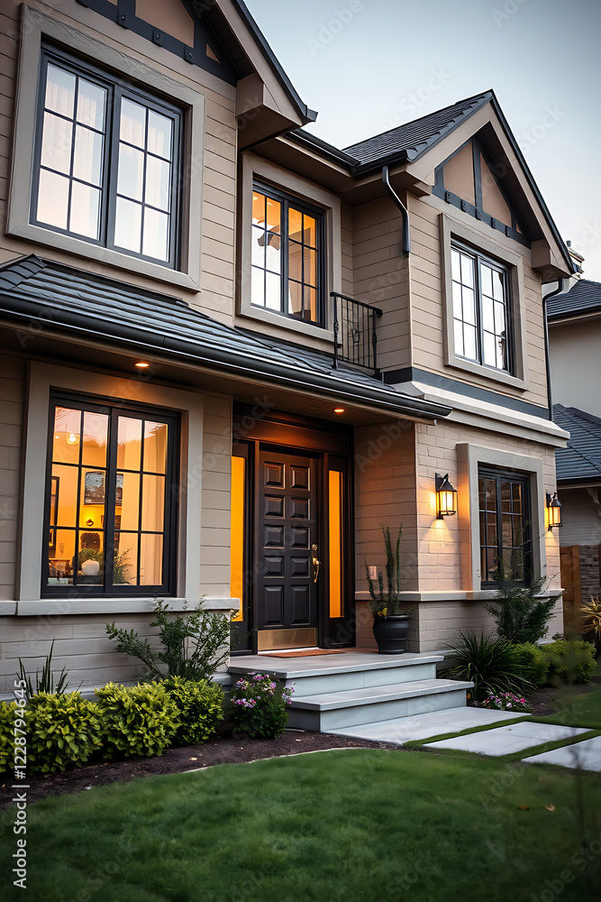 Obraz premium Luxury Home Exterior at Night: Modern Architectural Design, Elegant Facade, Landscaping