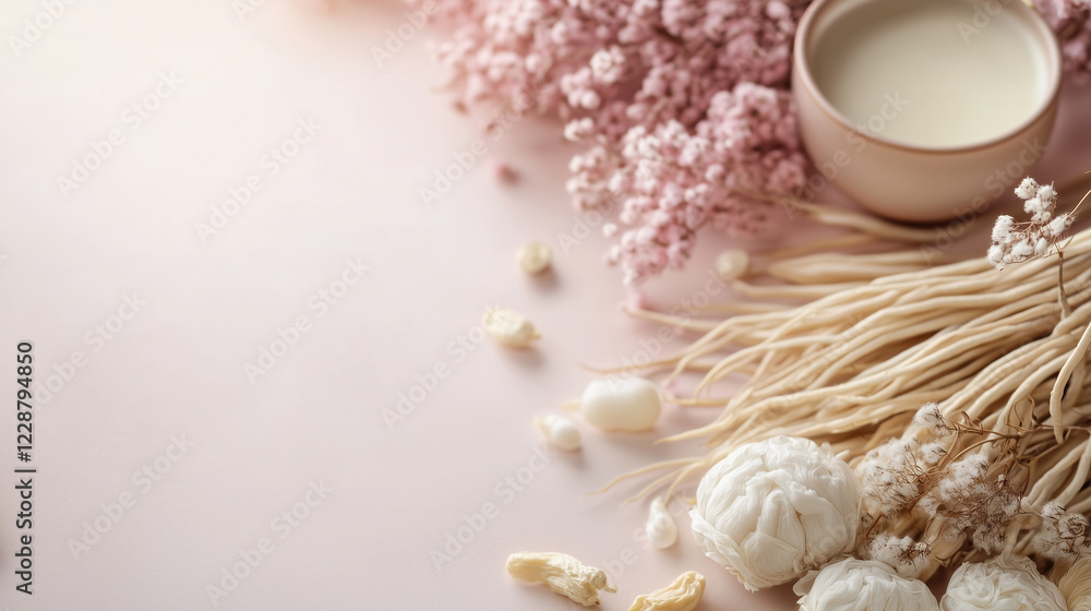 This clean, minimalist image features floating Ginseng extracts in a soft This clean, minimalist image features floating Ginseng extracts in a soft
