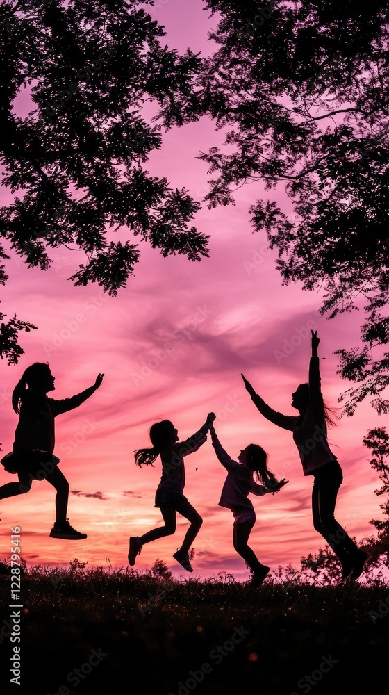 Family silhouettes jumping sunset, playful, nature Family silhouettes jumping sunset, playful, nature