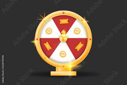3D Golden spin wheel with rewards! lucky draw, and gaming roulette promotions. with prizes like 10x, 50x, and 100K. giveaways and engagement boosts. illustration vector