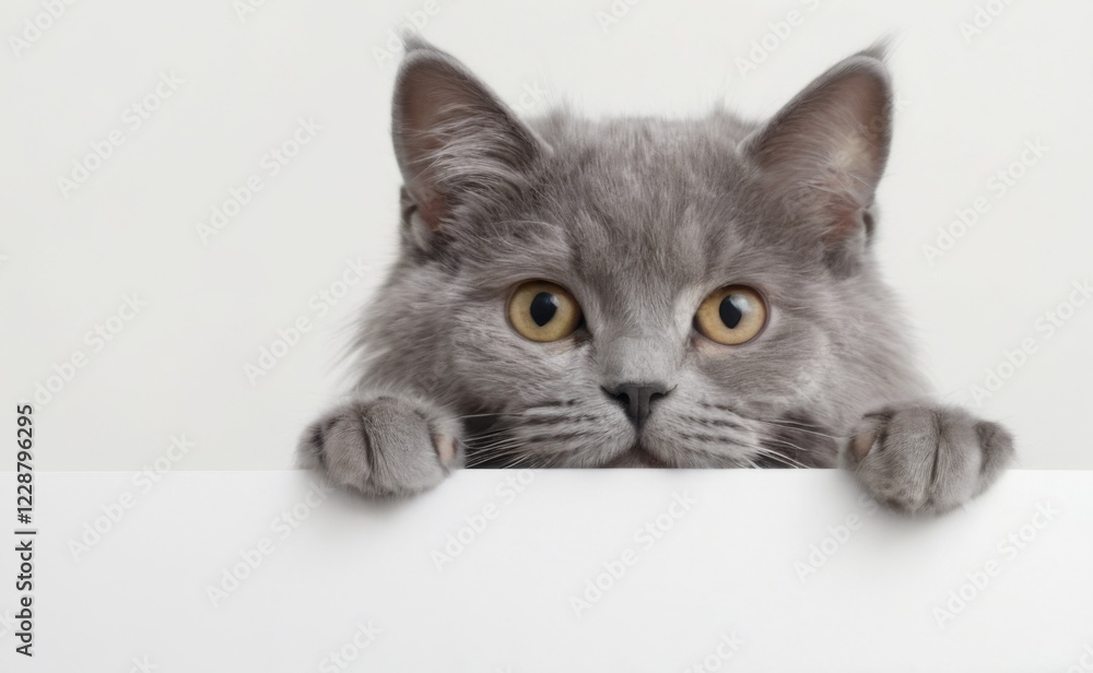 CloseUp of Gray Cat Peeking Over Blank Sign, Ears Up, Eyes Wide Open, Fluffy Fur and Stretched Paws, White Background. CloseUp of Gray Cat Peeking Over Blank Sign, Ears Up, Eyes Wide Open, Fluffy Fur and Stretched Paws, White Background.