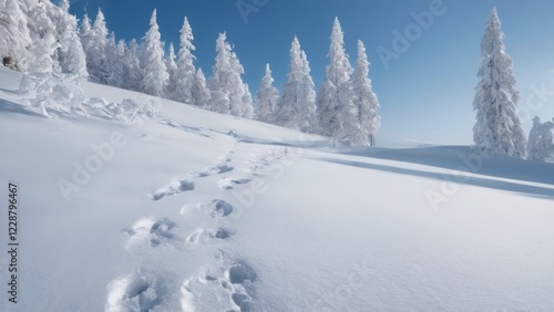 Wallpaper Mural Winter Wonderland: Tranquil snowy landscape with tall pine trees, clear blue sky, footprints in pristine snow. Torontodigital.ca