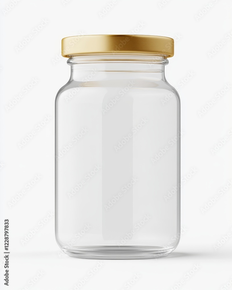 Clear glass jar with gold lid, isolated on white background. Clear glass jar with gold lid, isolated on white background.