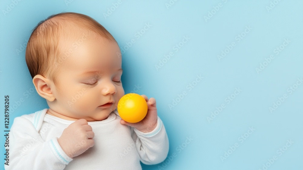 Sleeping Baby Holding Yellow Ball on Blue Background Sleeping Baby Holding Yellow Ball on Blue Background