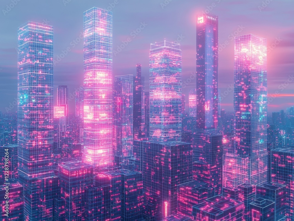 Fototapeta premium Futuristic cityscape with glowing skyscrapers and neon lights at dusk.