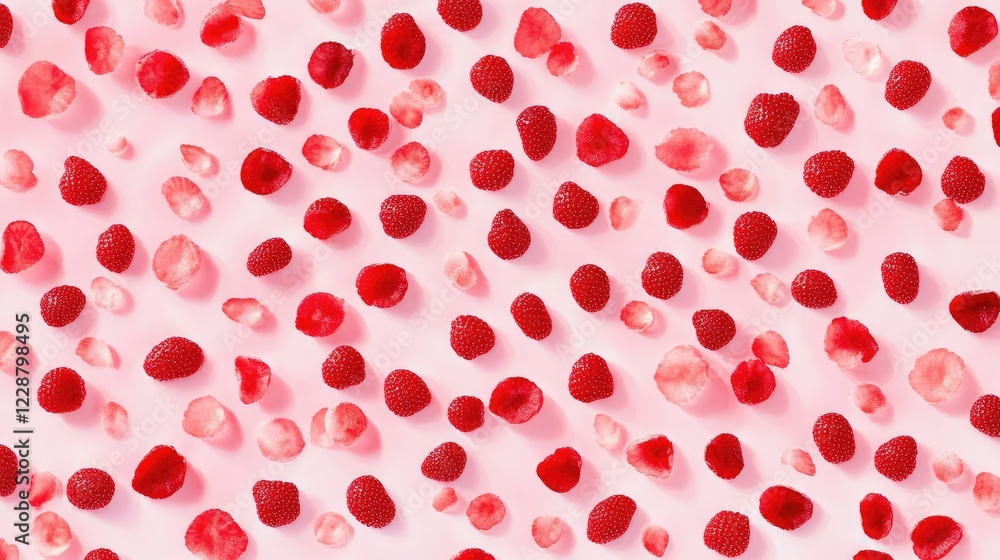 Colorful Arrangement of Fresh Raspberries and Petals on a Pink Background Ideal for Textures, Food Photography, and Natural Aesthetic Designs Colorful Arrangement of Fresh Raspberries and Petals on a Pink Background Ideal for Textures, Food Photography, and Natural Aesthetic Designs