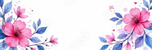 Vibrant pink & blue watercolor floral pattern on white, watercolor, white