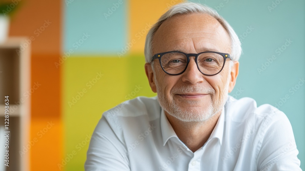 Cheerful senior man in glasses smiling confidently in a vibrant office setting. Cheerful senior man in glasses smiling confidently in a vibrant office setting.