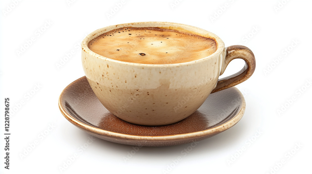 A single ceramic coffee cup with a saucer, isolated on a pure white background. A single ceramic coffee cup with a saucer, isolated on a pure white background.