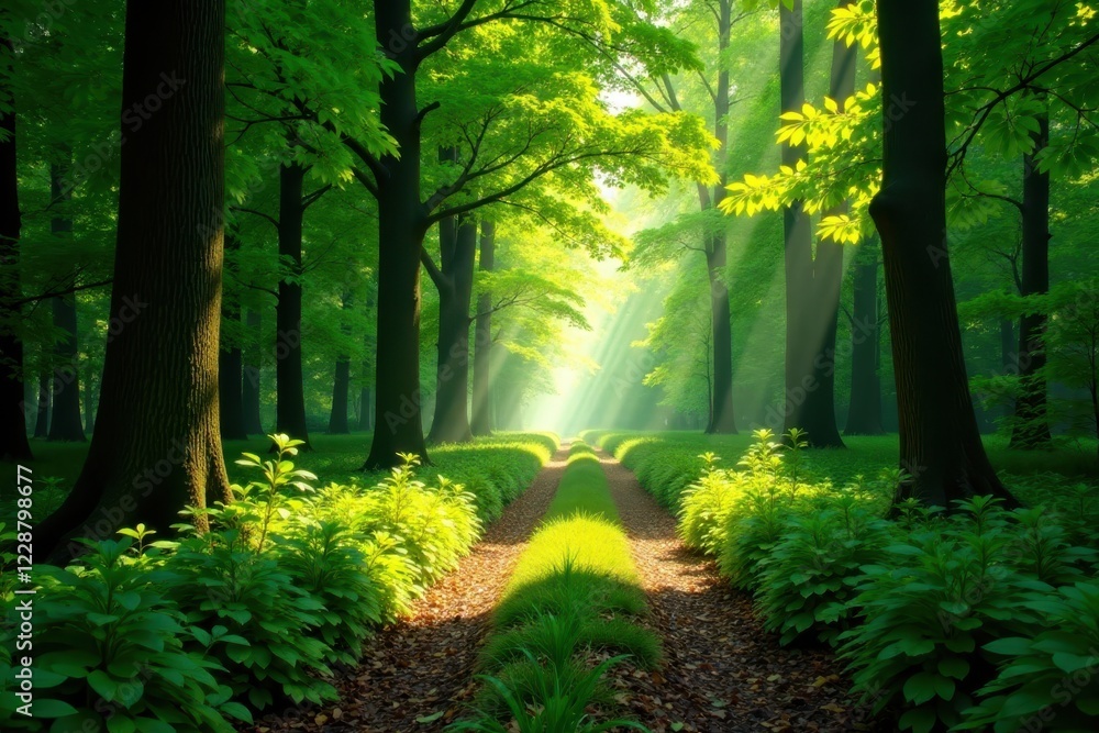Fototapeta premium Sun-dappled forest path, vibrant green canopy, summer, green, ray