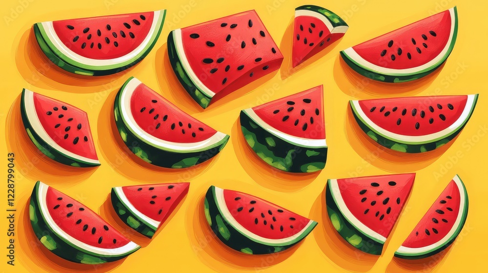 Vibrant and Juicy Watermelon Slices on a Bright Yellow Background for a Fun Summer Vibe in Food Photography, Ideal for Refreshing and Healthy Lifestyle Themes Vibrant and Juicy Watermelon Slices on a Bright Yellow Background for a Fun Summer Vibe in Food Photography, Ideal for Refreshing and Healthy Lifestyle Themes