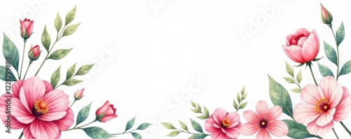 Delicate watercolor floral bouquet and foliage, refined border, refined, peony