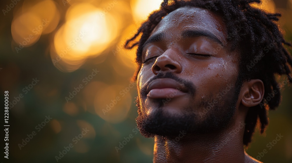 A man enjoying a moment of relaxation with his eyes closed outdoors A man enjoying a moment of relaxation with his eyes closed outdoors