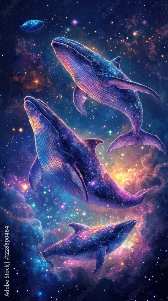 Fototapeta premium A cosmic scene featuring whales swimming through a vibrant galaxy filled with stars and colors.