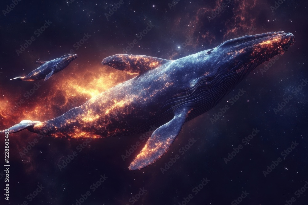 Fototapeta premium A cosmic scene depicting whales swimming through a vibrant, starry galaxy.