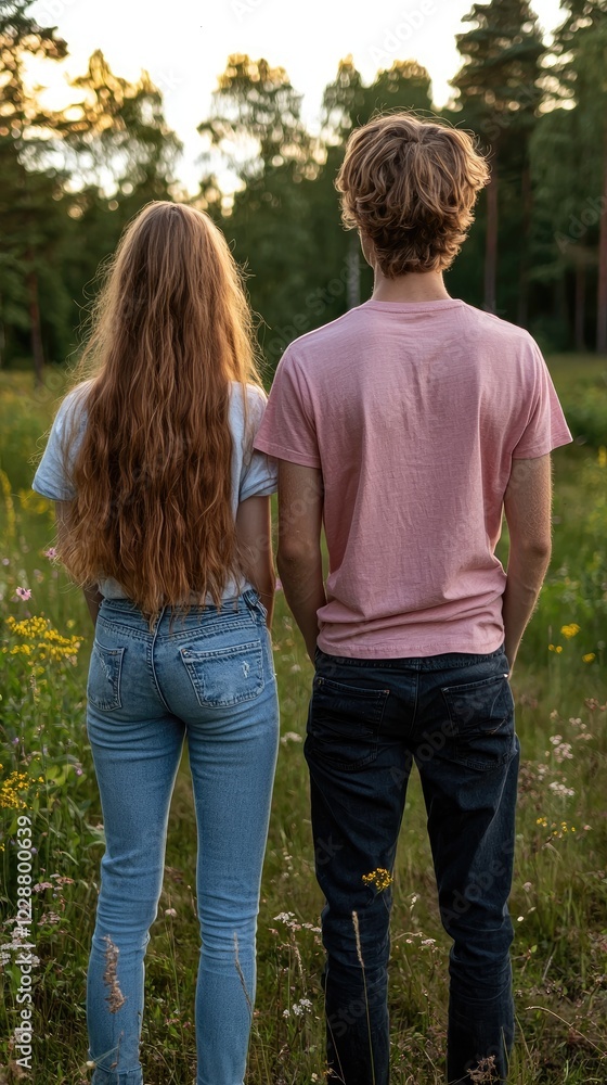 Teen couple enjoying sunset, forest meadow Teen couple enjoying sunset, forest meadow
