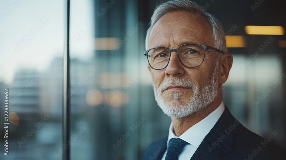 Confident businessman in a suit, standing by a window in a modern office setting. Confident businessman in a suit, standing by a window in a modern office setting.
