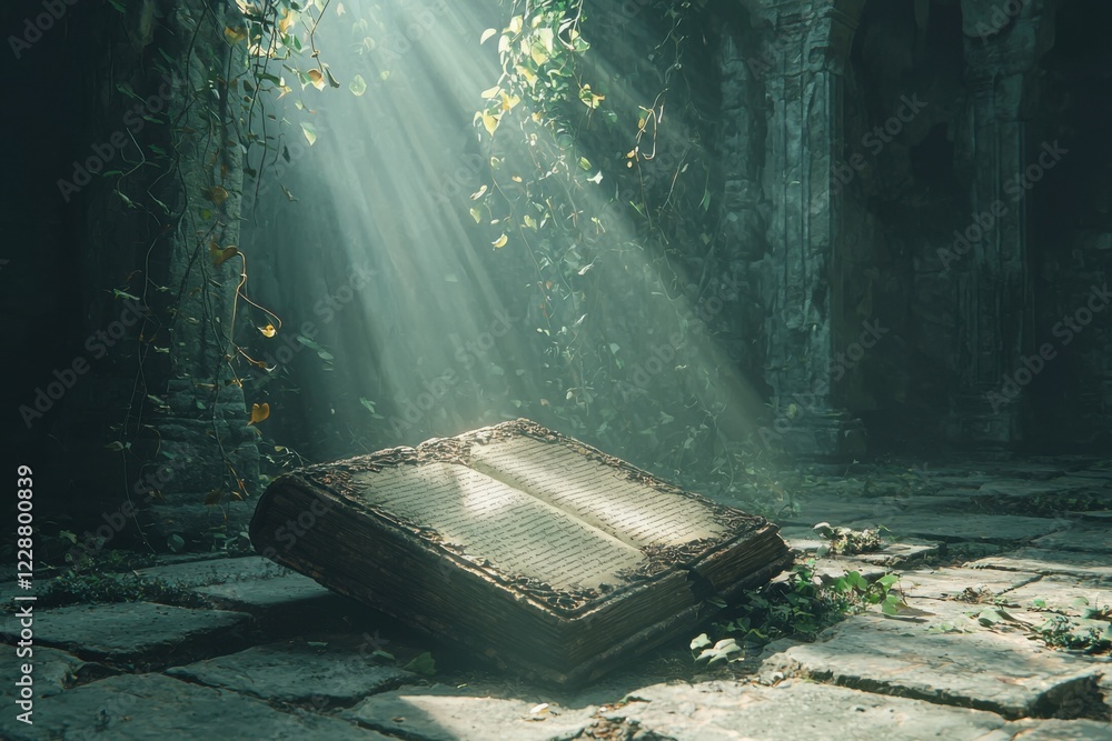 An old, dusty spellbook lies on a cracked marble floor, surrounded by vines and nature overtaking the ruins of an ancient temple An old, dusty spellbook lies on a cracked marble floor, surrounded by vines and nature overtaking the ruins of an ancient temple