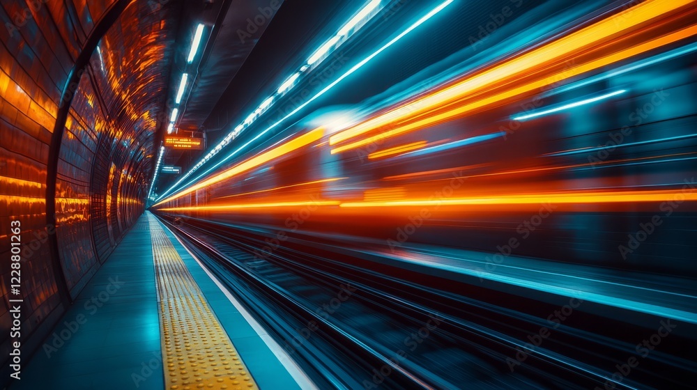 High-speed subway motion photography, glowing lights, abstract urban energy High-speed subway motion photography, glowing lights, abstract urban energy