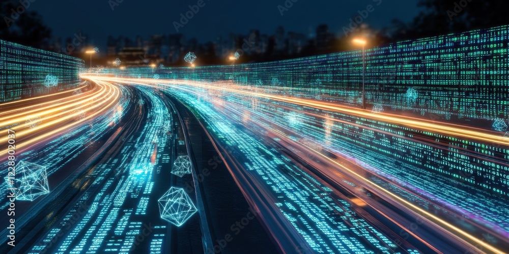 Obraz premium A digital representation of data flow with vibrant light trails and geometric shapes.
