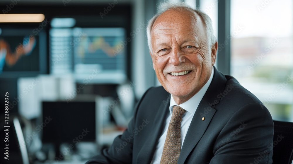 Confident businessman smiling in a modern office environment with digital screens. Confident businessman smiling in a modern office environment with digital screens.