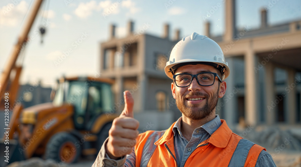 happy builder engineer in helmet on construction site background . Generative AI