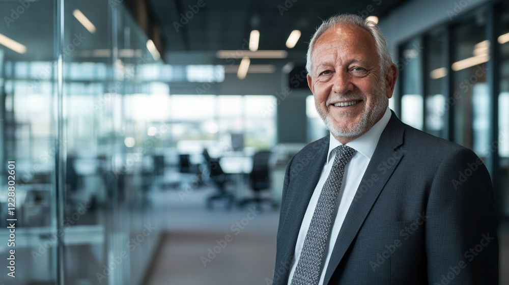 Confident businessman smiling in modern office environment. Confident businessman smiling in modern office environment.