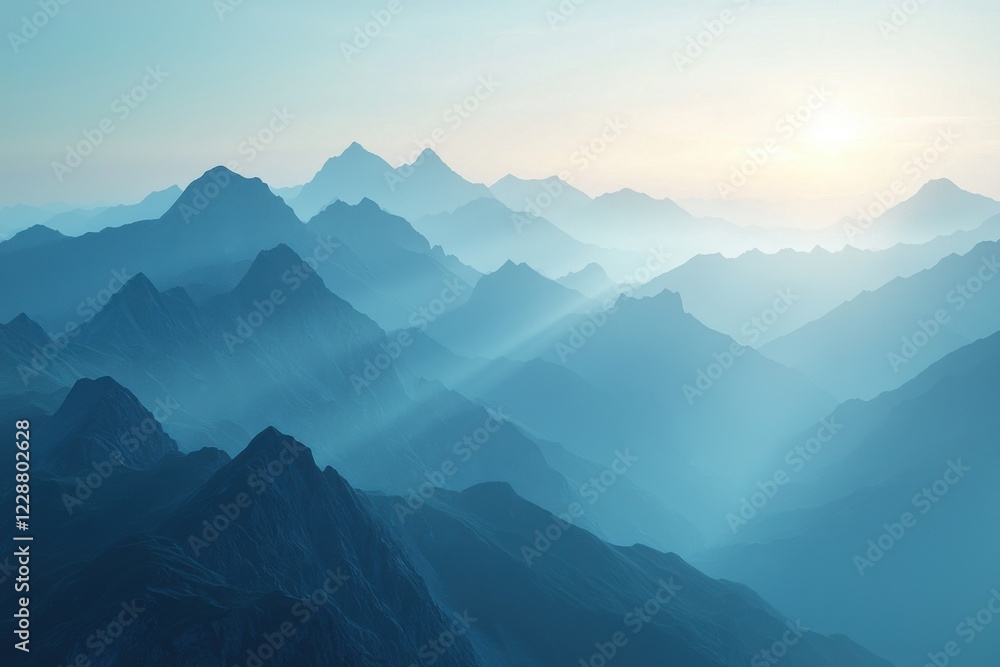 Blurry background of a mountain range at sunrise, the first rays of light illuminating the peaks through a hazy fog Blurry background of a mountain range at sunrise, the first rays of light illuminating the peaks through a hazy fog
