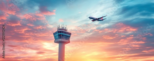 A control tower at an airport with an airplane flying in the sky. The background is a beautiful sunset sky.