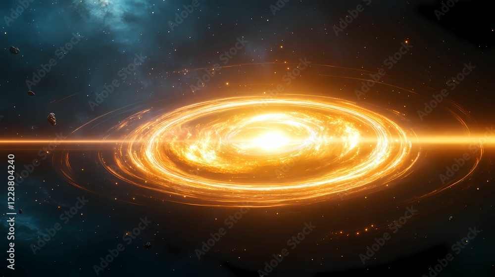 Fototapeta premium A vibrant cosmic scene depicting a swirling galaxy with a bright central core, surrounded by shimmering stars in a dark, expansive universe.