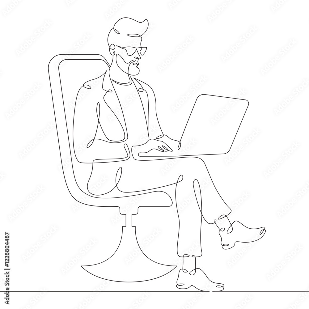 Continuous one line drawing man sitting with laptop. A programmer works online. A designer at a computer. One continuous line isolated minimal illustration.Not AI. Continuous one line drawing man sitting with laptop. A programmer works online. A designer at a computer. One continuous line isolated minimal illustration.Not AI.