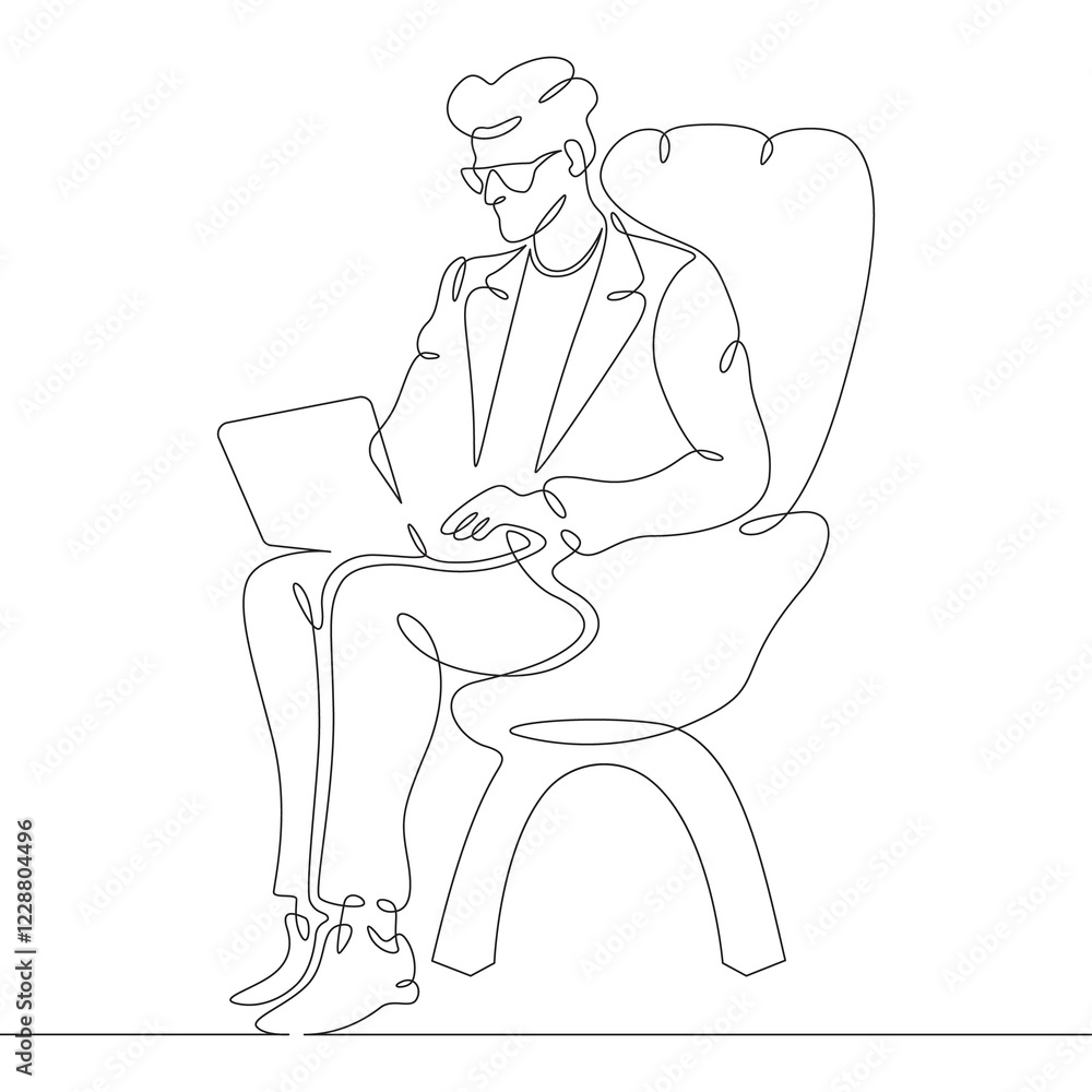 Continuous one line drawing man sitting with laptop. A programmer works online. A designer at a computer. One continuous line isolated minimal illustration.Not AI. Continuous one line drawing man sitting with laptop. A programmer works online. A designer at a computer. One continuous line isolated minimal illustration.Not AI.