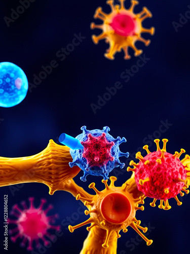 Immune checkpoint: Interaction between PD-1 (blue)  on a T-cell and PD-L1  (red) on a cancer cell inhibits T-cells photo