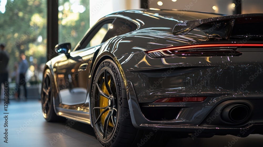 Sleek rear view of a luxury sports car in a showroom. Sleek rear view of a luxury sports car in a showroom.