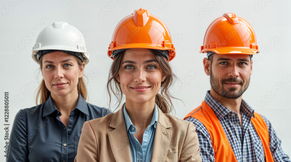 group of builders engineers on light background, ideal for advertising or banner . Generative AI group of builders engineers on light background, ideal for advertising or banner . Generative AI