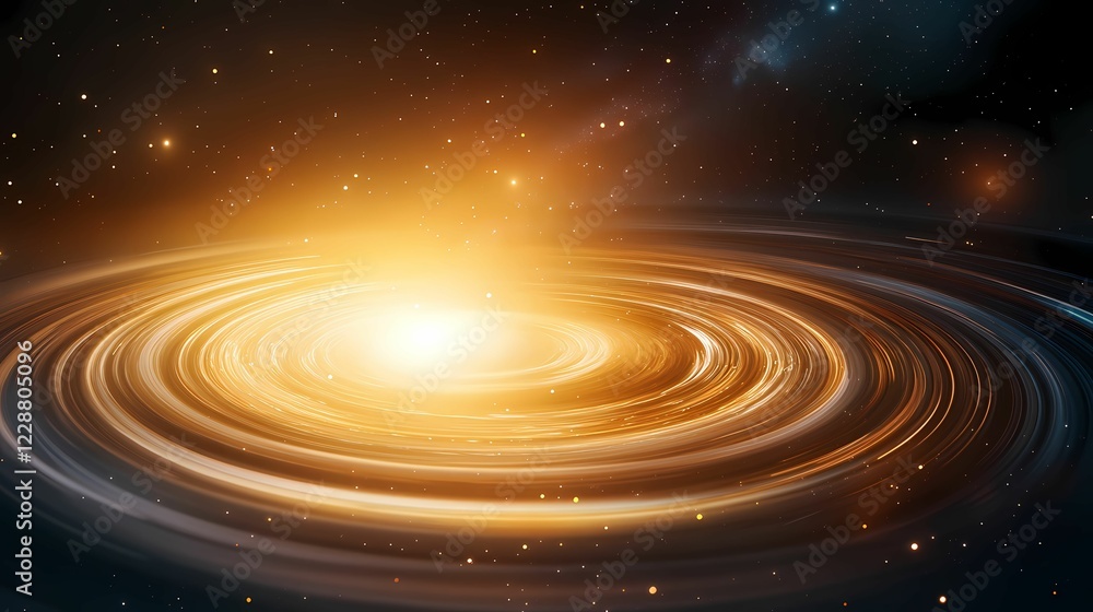 Fototapeta premium A glowing galaxy with swirling rings and stars, set against a dark cosmic background, creating a mesmerizing celestial scene.