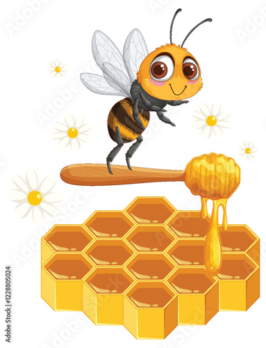 Cute Bee with Honeycomb and Flowers