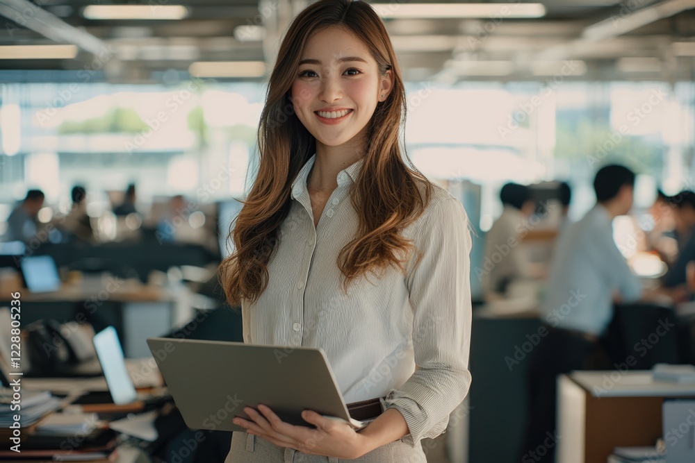Fototapeta premium Smiling Japanese businesswoman standing in an office, holding her laptop. She is wearing casual clothes, and other people working behind her are blurred.,generated ai. 