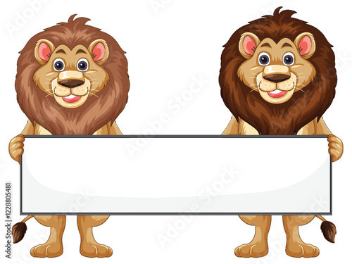 Two Cartoon Lions Holding a Blank Sign