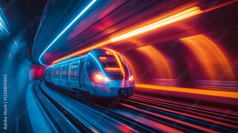 Fototapeta premium Fast-moving train in a subway tunnel, motion blur, glowing neon light accents 