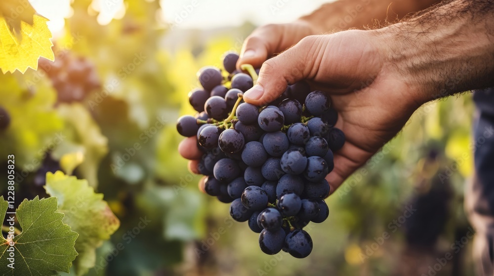 Obraz premium A farmer working in a lush vineyard, harvesting grapes for fruit and wine production,