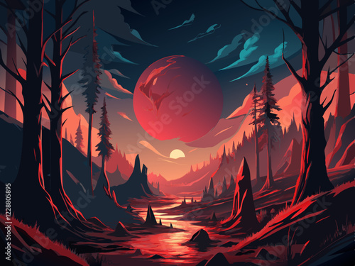 "Eerie Primeval Forest with Blood-Red Moon – Cinematic Vector Artwork"


